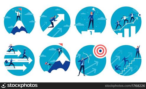 Business success. Businessman achieving goals, climbing corporate ladder. Team leader helping coworkers. Leadership, teamwork vector concept set. Woman holding cup winning in competition