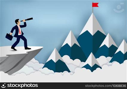 Business success concept. businessman standing on a cliff looking with the telescope growth modern idea and to achieve higher. challenge. illustration of sky with cloud and mountain