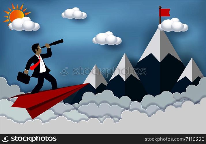 Business Success concept. Businessman standing on a plane paper looking with the telescope growth modern ideas And to achieve higher. Cartoon, illustration of sky with cloud and mountain. Vector