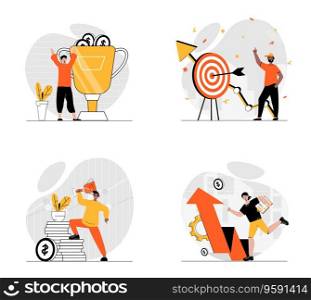 Business success concept with character set. Collection of scenes people increase company revenue at graphs, achieve goals and target aim, win gold trophy. Vector illustrations in flat web design