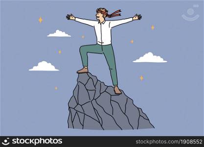 Business success, development and achievement concept. Young smiling businessman cartoon character standing on top of mountain feeling confident freedom vector illustration . Business success, development and achievement concept