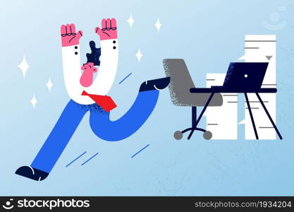 Business success, end of working day concept. Young smiling happy businessman office worker running out of office feeling great with success and working day finish vector illustration . Business success, end of working day concept.