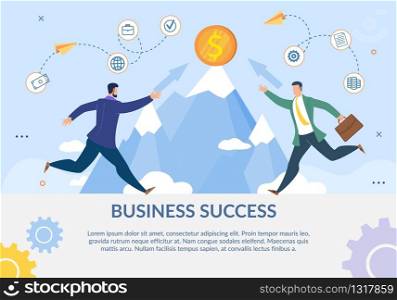 Business Success Flat Metaphor Motivation Poster. Cartoon Businessmen Characters in Formal Suits with Briefcases Running to Cliff Top with Gold Coin. Financial Growth. Vector Illustration. Business Success Flat Metaphor Motivation Poster
