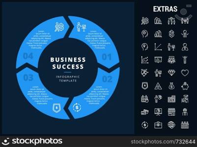 Business success infographic template, elements and icons. Infograph includes customizable circular diagram, line icon set with business worker, successful businessman, leader, market data etc.. Business success infographic template and elements