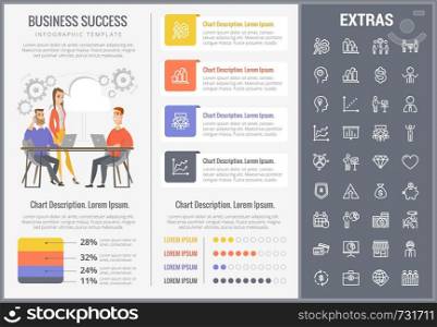 Business success infographic template, elements and icons. Infograph includes customizable graphs, charts, line icon set with business worker, successful businessman, corporate leader, market data etc. Business success infographic template and elements
