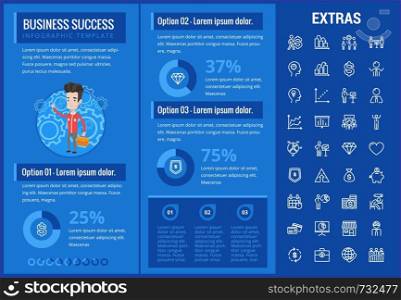 Business success infographic template, elements and icons. Infograph includes customizable graphs, charts, line icon set with business worker, successful businessman, corporate leader, market data etc. Business success infographic template and elements