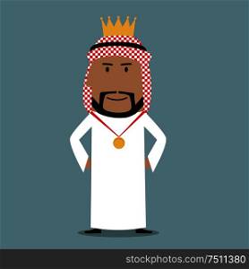 Business success, leadership or achievement theme concept. Proudly cartoon arabian businessman in golden crown. Proud arabian businessman with golden crown