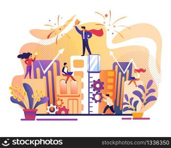 Business Success. Office People Work Together. Man in Superhero Red Cloack Stand at Top Holding Gold Goblet. Salute. Growing Arrows, Plants with Money on Leaves. Cartoon Flat Vector Illustration, Icon. Business Success. Office People Working Together.