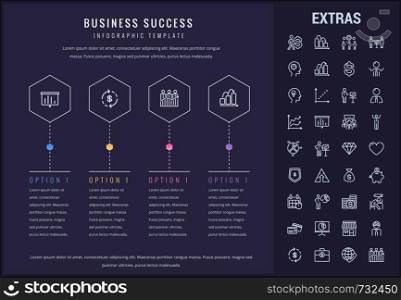 Business success options infographic template, elements and icons. Infograph includes line icon set with business worker, successful businessman, corporate leader, market data, money, piggy bank etc.. Business success infographic template and elements