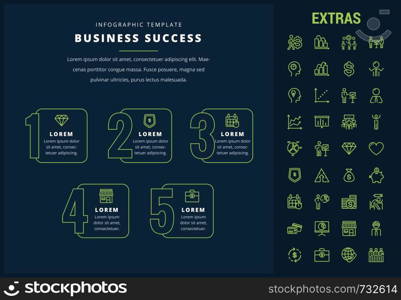 Business success options infographic template, elements and icons. Infograph includes line icon set with business worker, successful businessman, corporate leader, market data, money, piggy bank etc.. Business success infographic template and elements