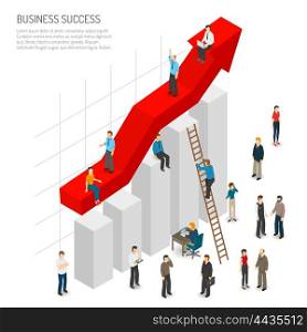 Business Success People Poster. Business success poster of abstract diagram with red arrow growth and people around it isometric vector illustration