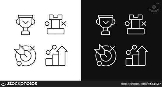Business success pixel perfect linear icons set for dark, light mode. Achievements and development. Winning strategy. Thin line symbols for night, day theme. Isolated illustrations. Editable stroke. Business success pixel perfect linear icons set for dark, light mode