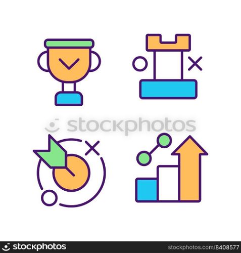 Business success pixel perfect RGB color icons set. Achievements and development. Winning strategy. Isolated vector illustrations. Simple filled line drawings collection. Editable stroke. Business success pixel perfect RGB color icons set