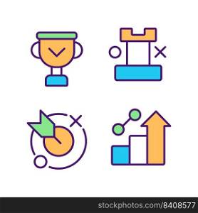 Business success pixel perfect RGB color icons set. Achievements and development. Winning strategy. Isolated vector illustrations. Simple filled line drawings collection. Editable stroke. Business success pixel perfect RGB color icons set