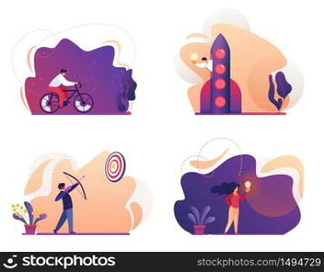 Business Success, Start Up, Bicycle Riding, Idea Icon Set Isolated on White Background. Archery Shooting with Bow to Target, Man Fly on Rocket, Girl with Light Bulb. Cartoon Flat Vector Illustration. Business Success, Start Up, Bicycle, Idea Icon Set