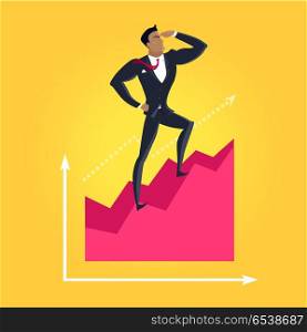 Business success vector concept. Flat design. Career and economical competition. businessman standing on graph and looking into the distance. Progress indicators and earnings growth illustration. . Business Success Vector Concept in Flat Design,. Business Success Vector Concept in Flat Design,
