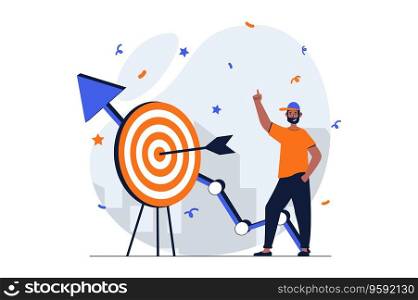Business success web concept with character scene. Man hits target, celebrates increase in sales and profits. People situation in flat design. Vector illustration for social media marketing material.