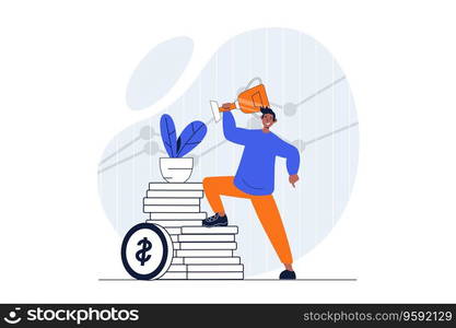 Business success web concept with character scene. Man receives gold cup trophy and achieves financial goals. People situation in flat design. Vector illustration for social media marketing material.