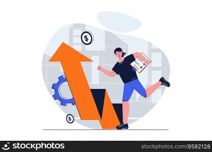 Business success web concept with character scene. Woman doing work tasks and increase financial growth. People situation in flat design. Vector illustration for social media marketing material.