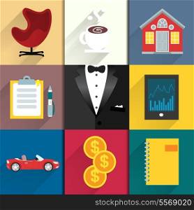 Business suits. Icons set for luxury life with tuxedo car coffee and money vector illustration