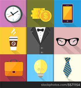 Business suits, Icons set of coffee glasses lightbulb coins and mobile phone vector illustration