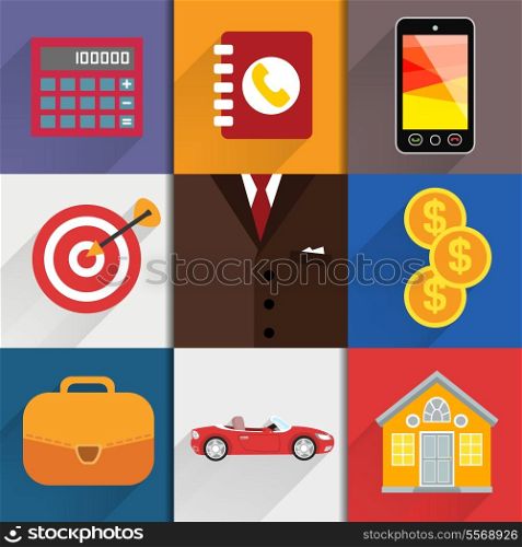 Business suits. Web design elements with accounting icons of calc money case and goal vector illustration