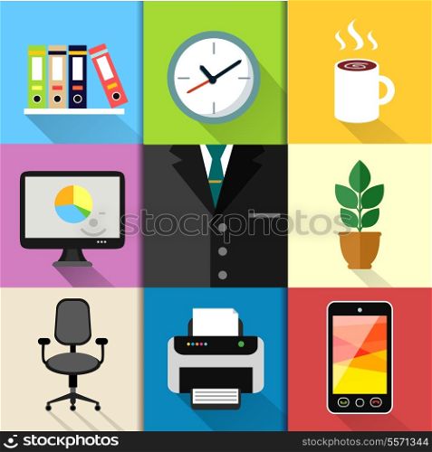 Business suits web design elements with laptop mobile phone printer clock and paper folders vector illustration
