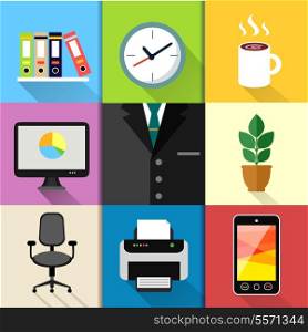 Business suits web design elements with laptop mobile phone printer clock and paper folders vector illustration