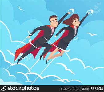 Business superheroes background. Male in action poses powerful teamwork heroes flying in sky vector business pictures. Teamwork superhero, brave and flying, leader man and woman illustration. Business superheroes background. Male in action poses powerful teamwork heroes flying in sky vector business pictures