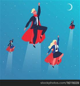 Business superheroes. Flying superhero characters, superheroes fly in action poses. Superhero teamwork and leadership concept vector illustration. Professional team with office employees in cloaks. Business superheroes. Flying superhero characters, superheroes fly in action poses. Superhero teamwork and leadership concept vector illustration