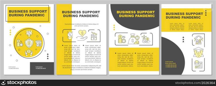 Business support during pandemic program brochure template. Flyer, booklet, leaflet print, cover design with linear icons. Vector layouts for presentation, annual reports, advertisement pages. Business support during pandemic program brochure template