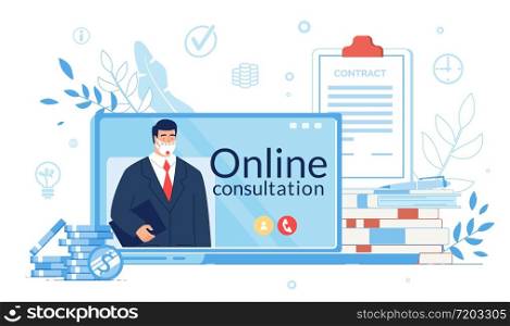 Business Support Online Consultation on Quarantine. Virtual Assistant, Lawyer, Entrepreneur Consultant in Protective Facemask Hold Folder on Laptop Screen. Coin, Contract Signing. Covid19 Outbreak. Business Support Online Consultation on Quarantine