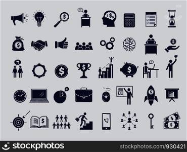 Business symbols collection. Diagram money managers at work bag handshake team arrows pc laptop vector icons isolated. Money and team, businessman people and goal illustration. Business symbols collection. Diagram money managers at work bag handshake team arrows pc laptop vector icons isolated