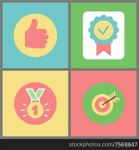 Business symbols, thumb up and stamp, medal and target with arrow vector. Sign of approval and certificate, award and work aim, project creation and win. Thumb Up and Medal, Stamp and Target with Arrow
