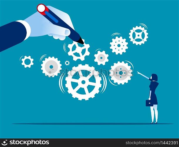 Business system. Leader build a business system with gear, Concept business teamwork vector illustration, Flat character cartoon design.