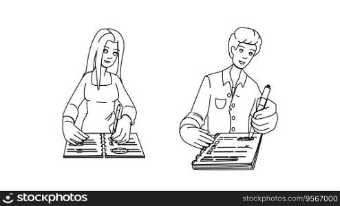 business taking notes vector. woman notebook, table person, pencil desk business taking notes character. people black line illustration. business taking notes vector