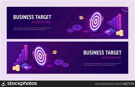 Business target accounting isometric landing page. Dart boards with arrows in bullseye, calculator and column chart. Goals achievement, success and competitors victory 3d vector axonometric web banner. Business target accounting isometric landing page