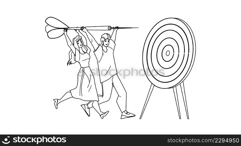 Business Target Achievement Businesspeople Black Line Pencil Drawing Vector. Young Man And Woman Aiming With Dart Arrow, Business Target And Goal. Characters Targeting Togetherness Illustration. Business Target Achievement Businesspeople Vector