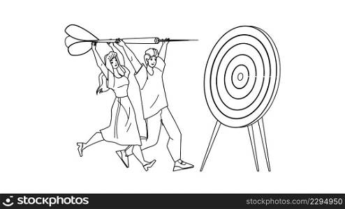 Business Target Achievement Businesspeople Black Line Pencil Drawing Vector. Young Man And Woman Aiming With Dart Arrow, Business Target And Goal. Characters Targeting Togetherness Illustration. Business Target Achievement Businesspeople Vector