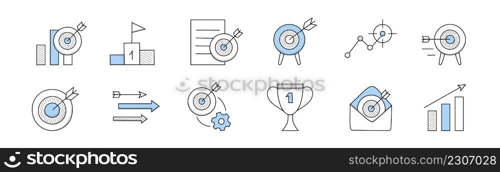 Business target doodle icons. Concept of work strategy, focus, goals. Vector set of hand drawn symbols of dartboard with arrow in center, award and growth chart isolated on white background. Business target, goal doodle icons