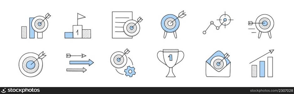 Business target doodle icons. Concept of work strategy, focus, goals. Vector set of hand drawn symbols of dartboard with arrow in center, award and growth chart isolated on white background. Business target, goal doodle icons