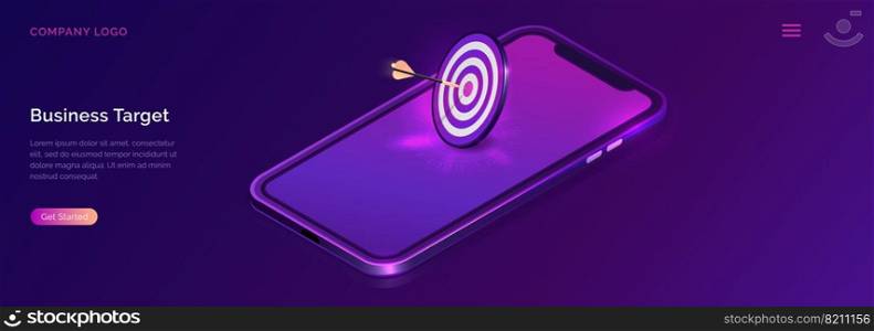 Business target isometric concept vector illustration. Round dart board with arrow flying to bullseye at mobile phone screen. Symbolic goals achievement, success and competitors victory on ultraviolet. Business target isometric, dart board with arrow
