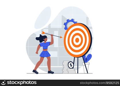 Business target web concept with character scene. Woman hits target with arrow, achieves results and profit. People situation in flat design. Vector illustration for social media marketing material.