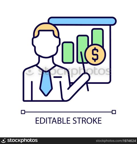 Business teacher RGB color icon. Administration and management educator. Financial accounting lecturer. Business trainer. Isolated vector illustration. Simple filled line drawing. Editable stroke. Business teacher RGB color icon