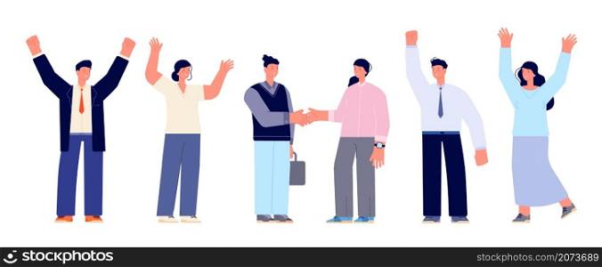 Business team agreement concept. Businessman handshake, signing project customer. Partners hold hand, partnership meeting utter vector characters. Illustration partnership and collaboration handshake. Business team agreement concept. Businessman handshake, signing project customer. Partners hold hand, partnership meeting utter vector characters