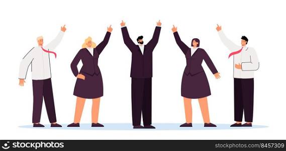 Business team and executive showing upward direction. Flat vector illustration. Group of people in suits achieving goals together, pointing fingers up. Leadership, teamwork, success, job concept