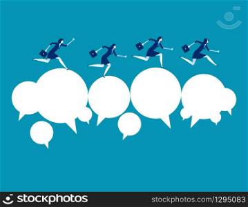 Business team and partner running over speech bubble. Concept business communication vector illustration, Business flat style, Cartoon character design.