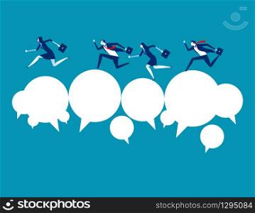 Business team and partner running over speech bubble. Concept business communication vector illustration, Business flat style, Cartoon character design.