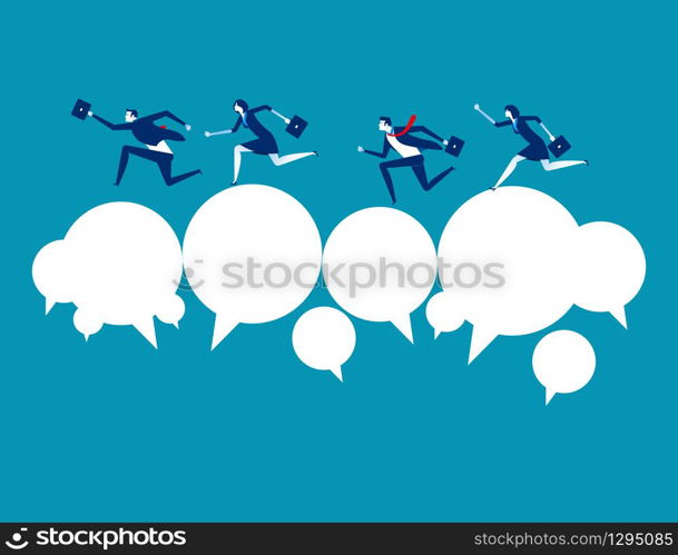 Business team and partner running over speech bubble. Concept business communication vector illustration, Business flat style, Cartoon character design.