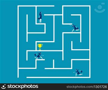 Business team and partnership running and navigating maze to success. Concept business vector illustration. Flat business cartoon, Maze, Teamwork.